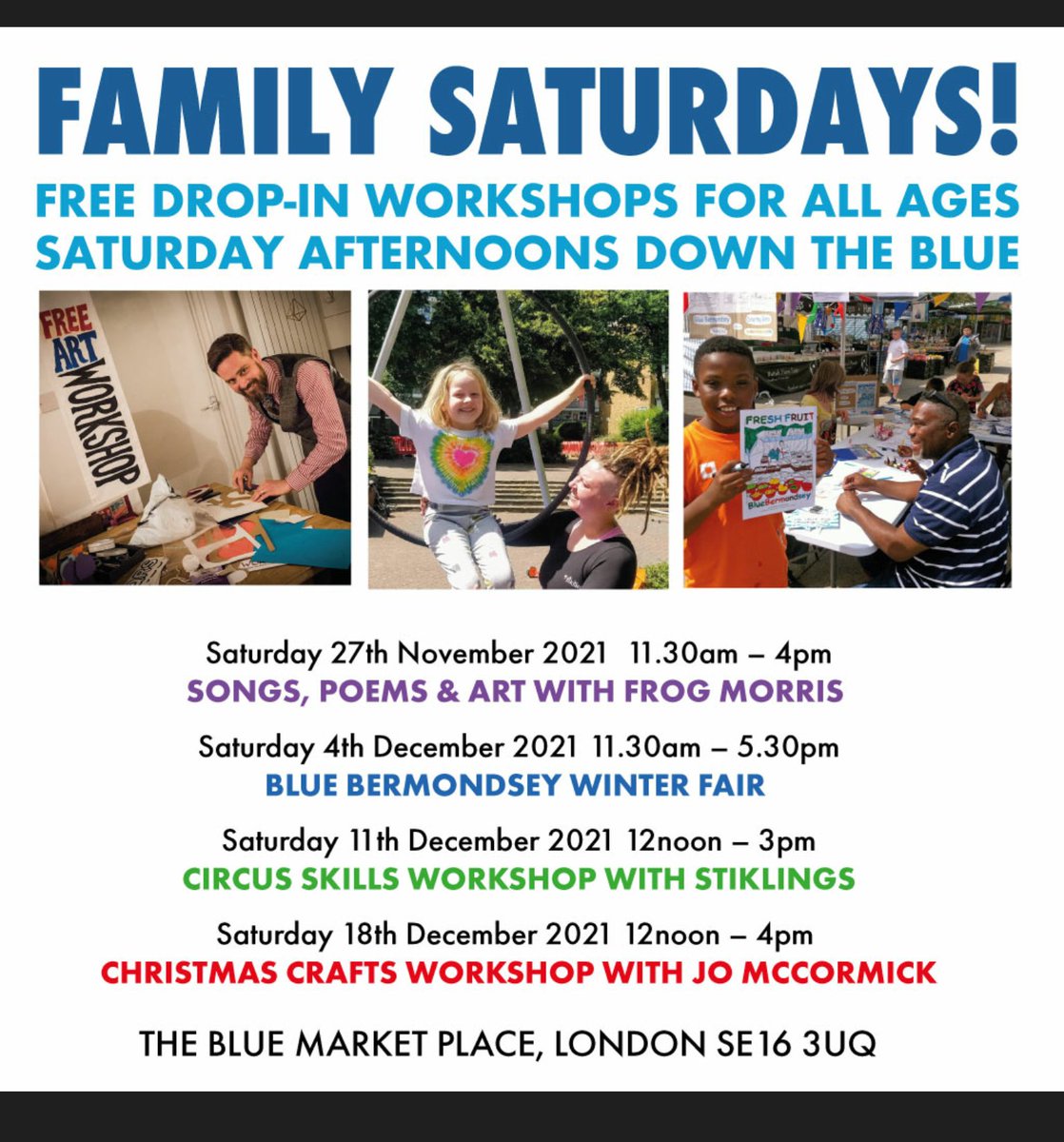 Sat Nov 27 11.30am-4pm <a href="/TheBlueMarket/">The Blue Market, Bermondsey, London SE16 3UQ</a> #se16 3UQ

#FamilySaturday with <a href="/frogmorris/">Frog Morris</a> 

#songs #poems #art

FREE Drop in workshops for all ages