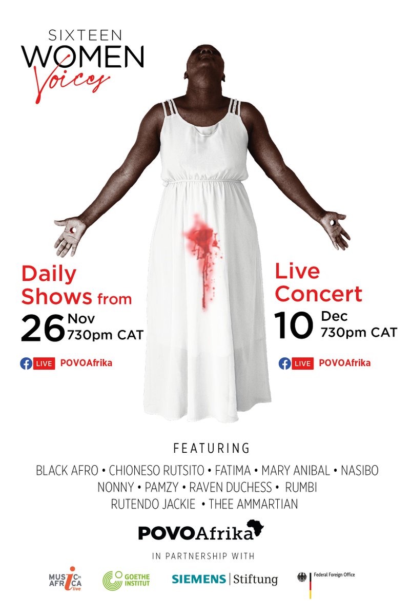 POVOAfrika's tweet photo. We partnered with @MusicInAfrica to bring you #16WomenVoices - Performances by Zimbabwean women tackling themes ranging from ending violence against women and enjoying human rights! @NehandaTV @WeArePindula
https://t.co/D5oe5gt4tJ
#MySexIsBleeding #16Days #16DaysofActivism https://t.co/pMA8MhQ1k5