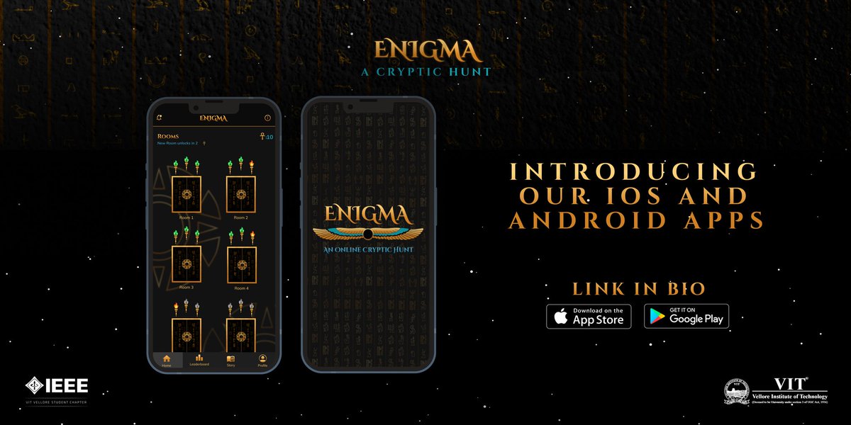 ieeevitvellore's tweet photo. You can play Enigma 8.0 from wherever you want, be it on your desktop or laptop or Android/iOS device, we have got you covered!
Website: https://t.co/Ri3fCMdV4q
Android App: https://t.co/EdunsoBreG
iOS App: https://t.co/iXFP8RznBy
#Enigma8 #CrypticHunt #Riddles #TechWeek #App https://t.co/cixeO4Jaoi