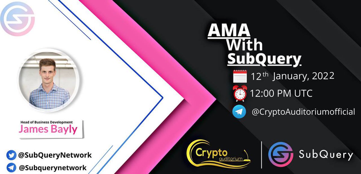 📢 We're pleased to announce that our next🔥🤝#AMA with <a href="/SubQueryNetwork/">SubQuery</a> on 12th Jan at 12:00 PM UTC

💰 Reward Pool:100$
💎 Venue: t.me/CryptoAuditori…
💎 Rules:
✅ Follow @cryptoauditorm1 &amp; <a href="/SubQueryNetwork/">SubQuery</a> 
✅ Like &amp; Retweet
✅ Comment Questions &amp; Tag 3 Friends &amp; BEP20