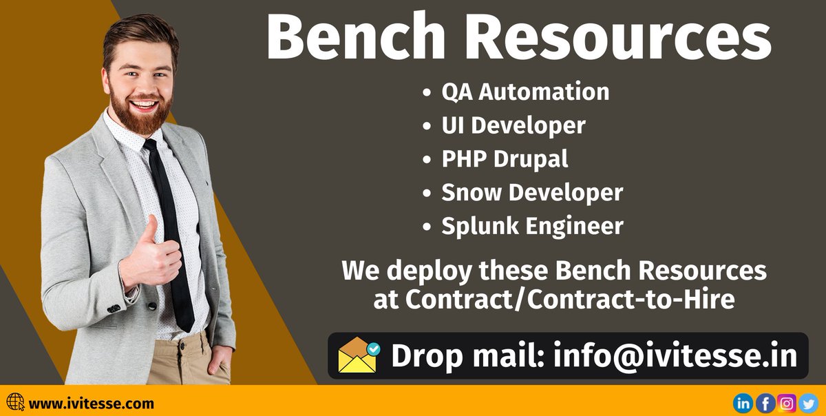 ivitessetech's tweet image. 👉We Deploy these Bench Resources on Contract/ Contract-to-Hire

📲Drop E-Mail: 📩 info@ivitesse.com

#benchresources #qaautomation #uideveloper #phpdrupal #snowdeveloper #splunkengineer #resources #contractjobs #contracttohire #mail #ivitesse #ivitessetechnologies