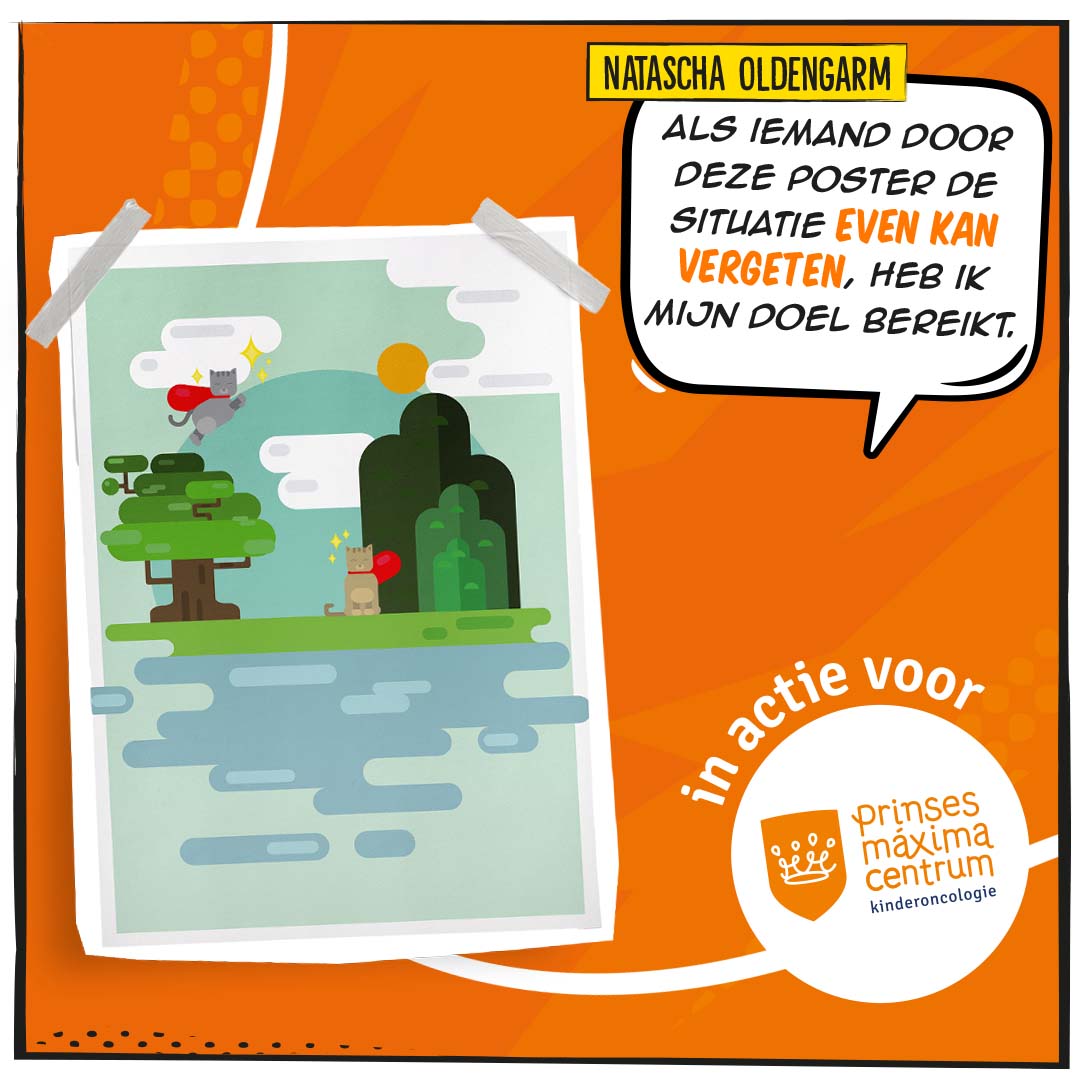 Natascha's ontwerp voor het #PrinsesMáximaCentrum is een soort fantasie-eiland met superheldkatten. 🏝️ "Als ik met mijn poster iemand blij kan maken om even de situatie te laten vergeten dan heb ik mijn doel bereikt.” Bekijk haar poster hier: drukwerkdeal.co/3G07BXZ