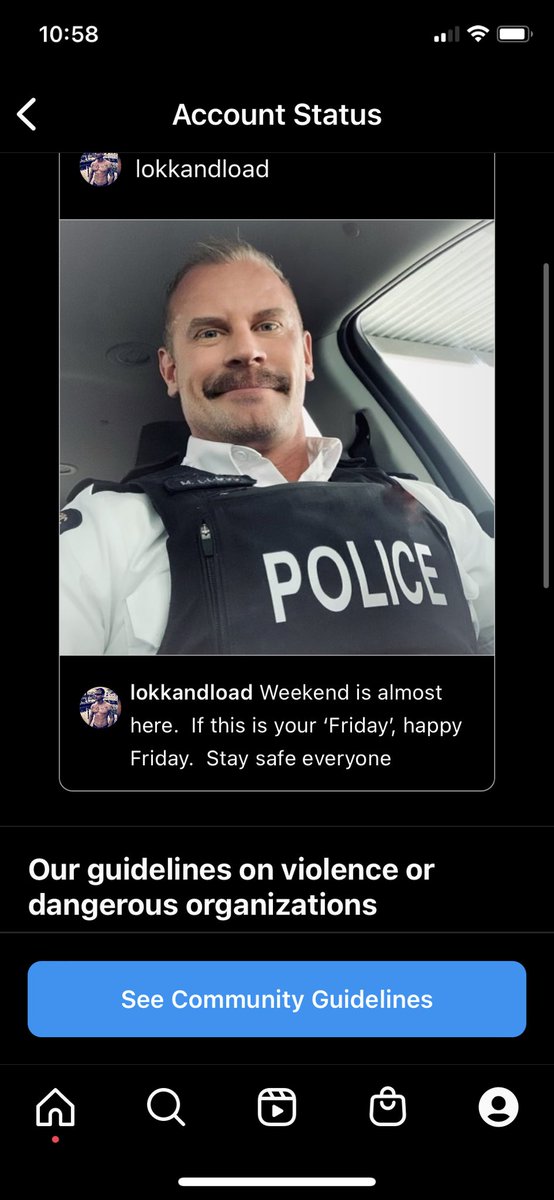 mlokken1's tweet photo. How is wishing people to stay safe or being a police officer a violation of your community standards @InstagramComms   Please explain https://t.co/LwPTWdKNef