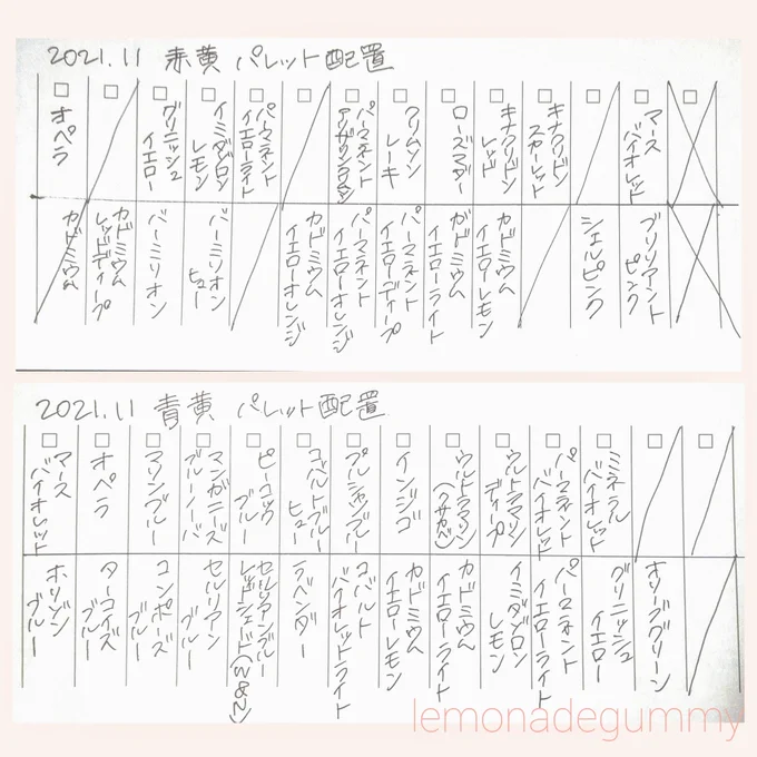 だいぶ前に無印良品で買ったチェックリストのメモ帳。

行数がちょうど良さそうだったから真ん中に線引いて、先日整えた後の26色パレット2つ分、透明水彩絵具の名前だけ覚え書きメモメモ📝

ちなみにメーカーはほぼホルベイン。その他はメーカー名も併記☺ 