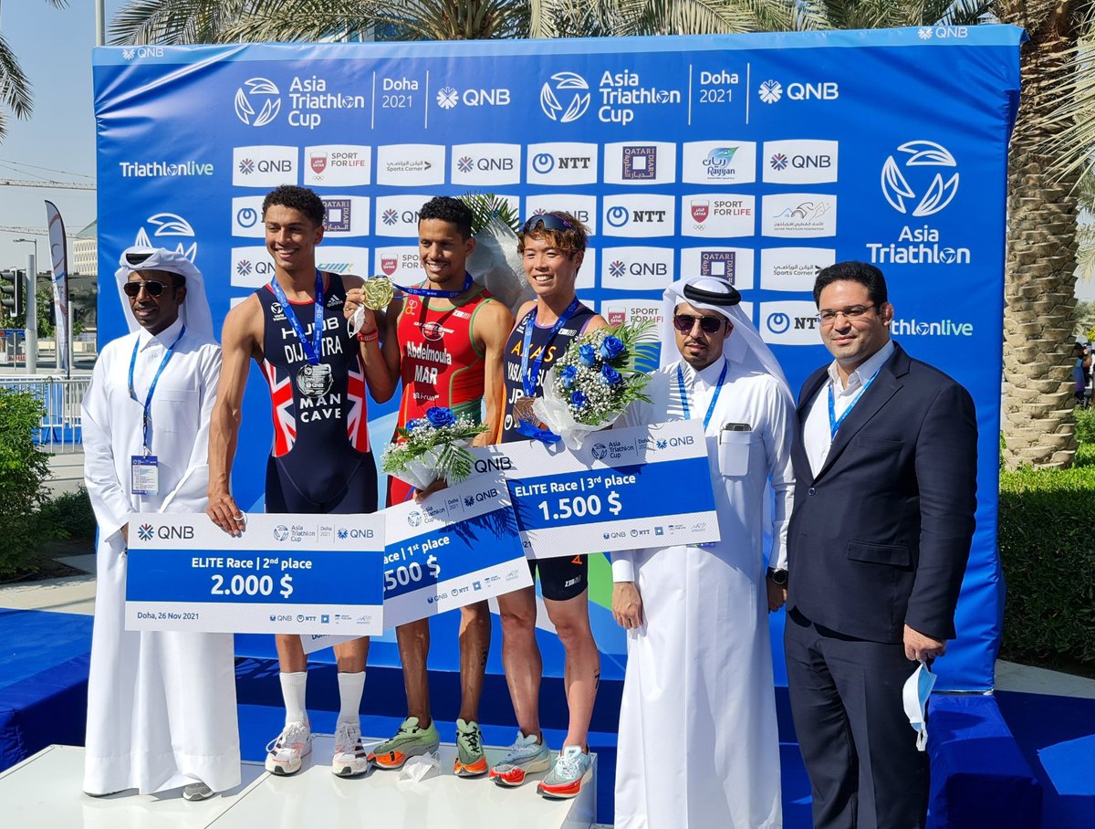 Insideqataroffl's tweet photo. Morocco's Jawad Abdelmoula wins the men's title at the Asia Triathlon Cup, timing one hour, 42min, 48sec in Doha on Friday. Juri Ide (1:56:54) leads a Japanese sweep in the women's event. @Qatarcf @QatarTriathlonF @worldtriathlon https://t.co/lkWjVbmJDv