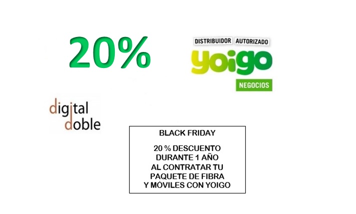 digital_doble's tweet photo. ¡¡¡¡ Blackfriday !!!!

Contrata hoy tu paquete de fibra y móviles con yoigo y disfruta de un 20% de descuento en tu tarifa durante 1 año.

Llámanos al 954317478 y te informamos sin compromiso, o si lo prefieres, un asesor comercial te visitará en tu negocio. https://t.co/tGgeP9quok