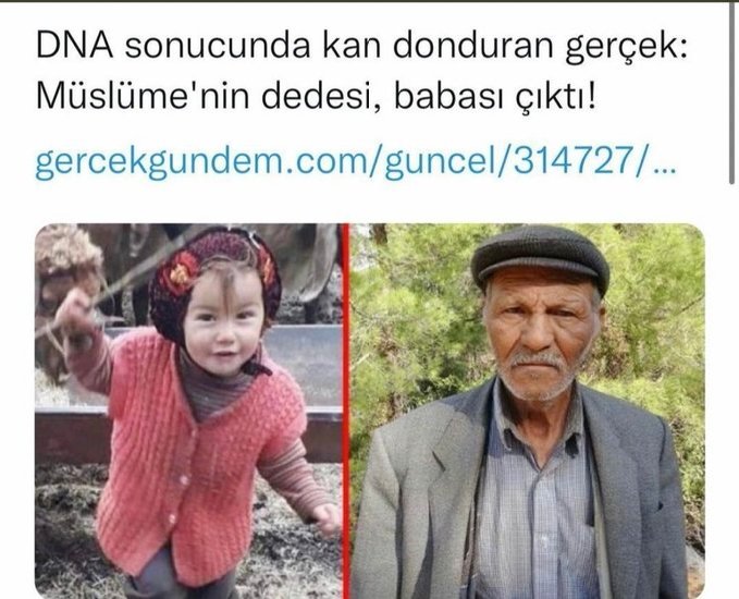 muhendisyenn's tweet photo. Müslüme Yağal'ın dedesi, DNA sonucuna göre biyolojik babası çıktı! Müge Anlı ise yayın yasağı var, yılbaşından sonra konuşacağım dedi.. Fakat kesin olan Müslümenin öz babası dedesi Hasan Yağal. Dede gelinine ve doğan çocuğa da tecavüz ediyor. Yıllarca istismar sürüyor

#Müslüme https://t.co/zFMh9AF5Q5
