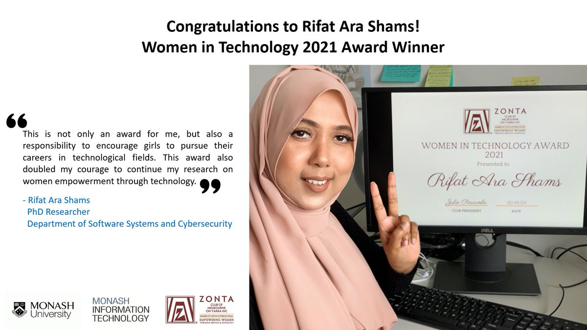 MonashInfotech's tweet photo. Well done to our #PhD student @swarna601 for winning the prestigious Women in Technology 2021 award from @ZontaMelbourne, sponsored by @LockheedMartin.

It celebrates women in VIC who have made big contributions to #tech: https://t.co/WxaSeeMc38
#womenintech #studentspotlight https://t.co/Il8XpEeHoW