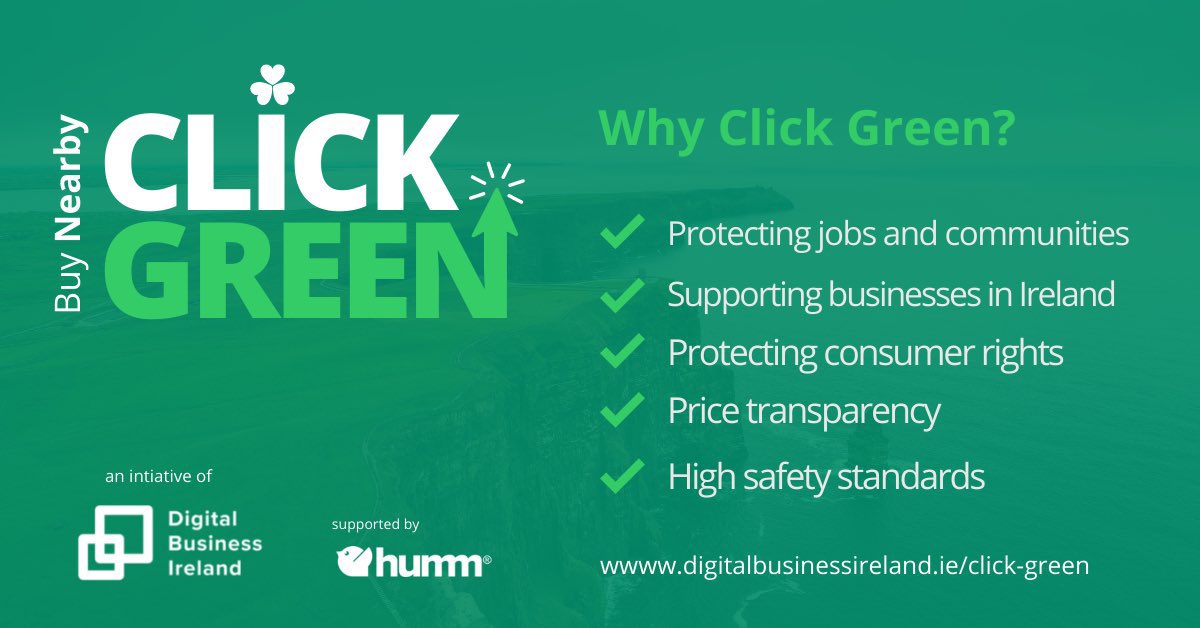 SeeryKearney's tweet photo. Support the @DigitalIre campaign #ClickGreen when shopping today, turn Black Friday to #GreenFriday - when you shop local and with an Irish online company you are:
🔒 Protecting jobs & communities
☘️ Supporting businesses in Ireland
#GreenFriday #BuyNearby #shoplocal #BuyIrish https://t.co/bUlEBNeTwc