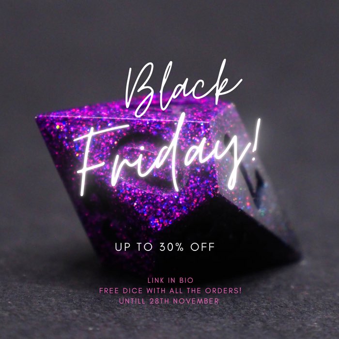 merlinsdices's tweet photo. Black Friday! 30% OFF and a free dice with all your orders until 28th november🖤✨ #BlackFriday #dice #handmadedice #resindice #dicemaker #dnd #dnddice #diceset #Christmasgifts #dungeonsanddragons #handmade #handmadegifts #mtg #rpg #rpgmaker #dndmaker #mtg https://t.co/8IdVzjTQ3O