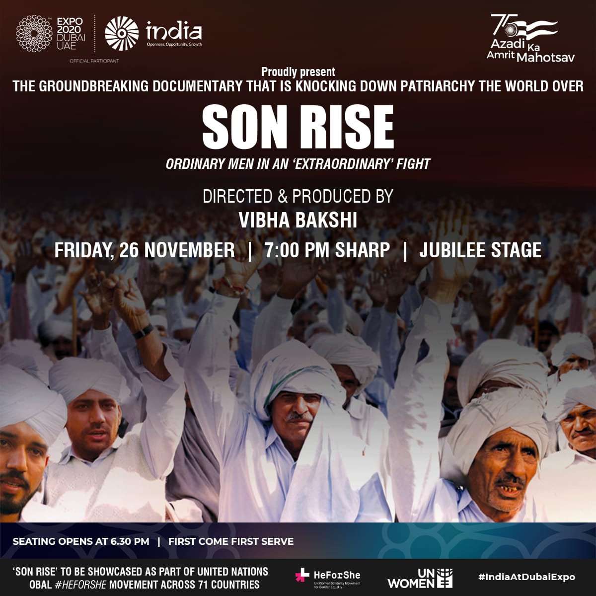 ‘SON RISE’ - a groundbreaking documentary directed &amp; produced by <a href="/VibhaBakshi/">VibhaBakshi</a>, will be screening today at the Jubilee Stage from sharp 7:00 PM (GST) | 8:30 PM (IST).

This event is supported by the #IndiaPavilion at @expo2020dubai.

#IndiaAtDubaiExpo #Expo2020Dubai