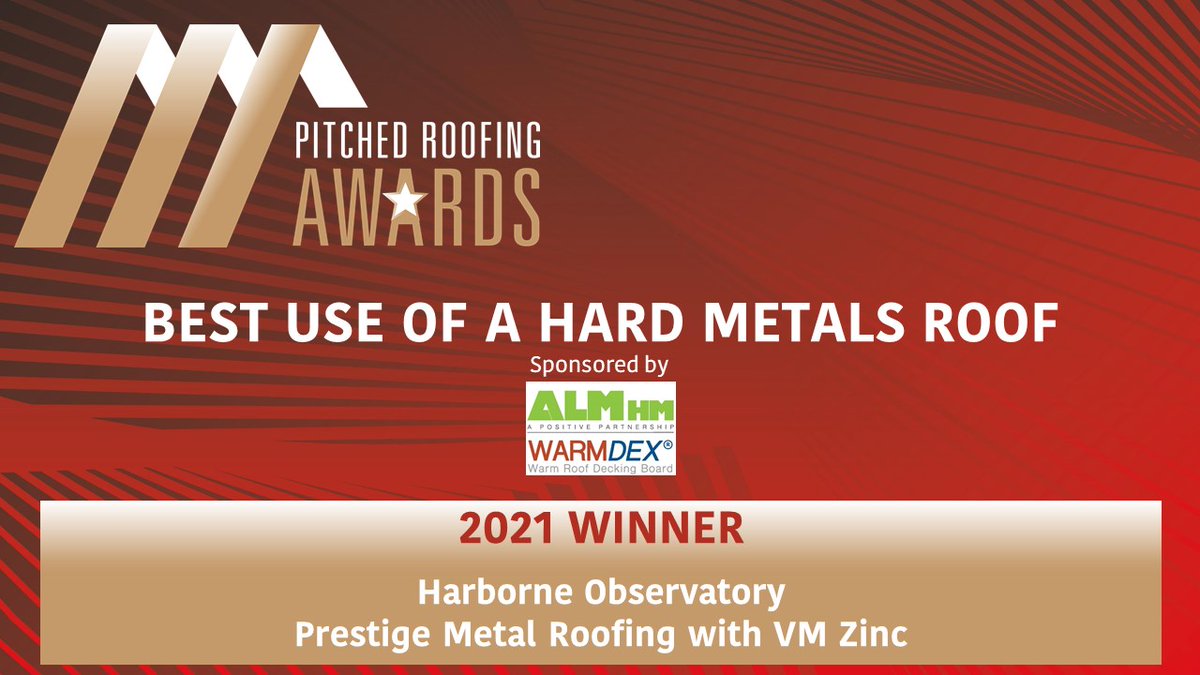 🔴Live from the #PitchedRoofingAwards 2021!

Our first category is Best Use of a Hard Metals Roof, sponsored by <a href="/ALM_ALMHM/">Associated Lead Mills</a> 

And the winner is... Harborne Observatory – Prestige Metal Roofing with <a href="/VMZINCUK/">VMZINC</a>! Congratulations, what an achievement &amp; our first winner of 2021!🏆