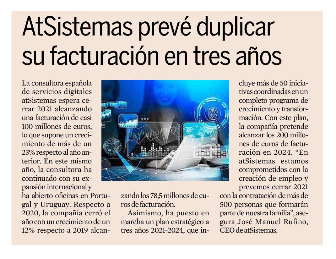 knowmad_mood's tweet photo. Hablamos sobre nuestras previsiones de #negocio a medio y largo plazo📈
 
Ayer, nuestro CEO reveló al diario @expansioncom algunos datos sobre la situación actual de @atSistemas  y nuestros objetivos para los próximos 3 años.

#Familiaat #Somosat #Empresas #Tecnología #Talento https://t.co/AqCCBrdkvQ