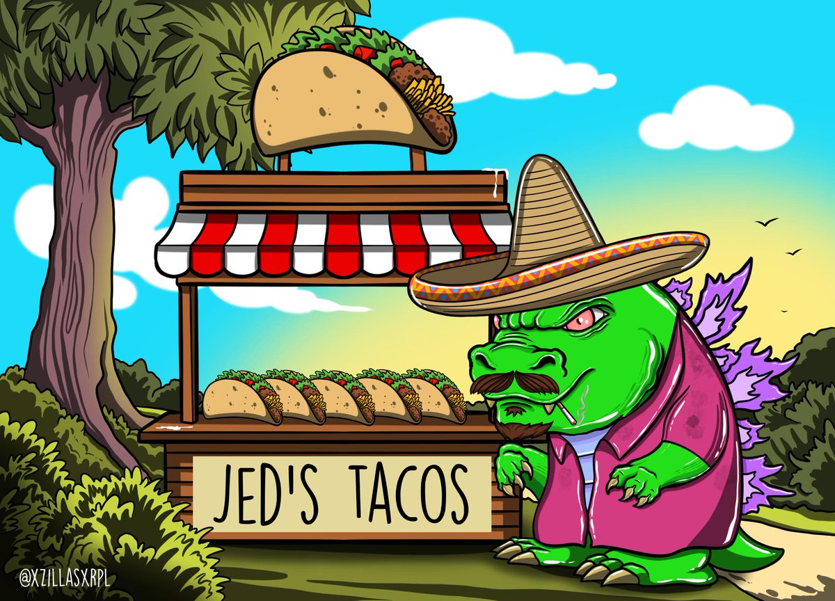 XRPDegens's tweet photo. 🔁RETWEET🔁to WIN an XZilla NFT (announced in 5HRs) &amp; so David Schwartz sees this!

@JoelKatz The XZilla NFT army has made you a custom designed Jed's Tacos NFT!

@JedMcCaleb if you abandon Stellar, we will also make you an NFT!

#XRPL #XRPCommunity #XRPArmy #NFT #XRP #Trustline https://t.co/1yIl5rlNYF