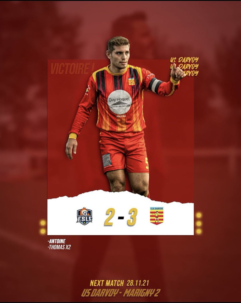 UDarvoy's tweet photo. ⌛️Un peu de retard ⏳
✅Victoire de nos joueurs 2-3 contre l’ES Loges et forêt. 
Buteurs:
- Antoine
- Thomas x2

🗓 Rendez-vous ce dimanche 28/11/21 pour le match de championnat contre l’ES Marigny 2 à Darvoy, qui est 2ème ex æquo ! 👊🏻
⚠️MATCH TRÈS IMPORTANT VENEZ NOMBREUX !⚠️ https://t.co/DWbOvCgBMM