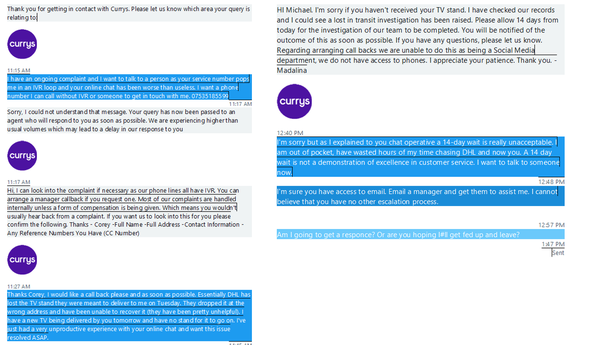 MikeN1971's tweet photo. @CurrysServices my experience today of your #Complaint process has been terrible. An awful demonstration of #CustomerService. below are transcripts of my Chat and Twitter interactions. No ability to escalate and a 14 day wait for contact about my complaint. Unacceptable. https://t.co/N8yrEDZz3X