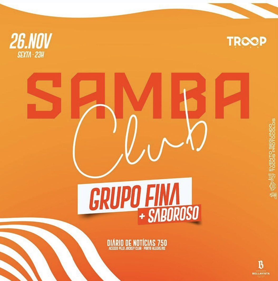 tktproducoes's tweet photo. SEXTA é dia de #scsambaclub na Troop Club. 😍

Confira as atrações presentes nesta edição:
🎤 GRUPO FINA
🎧 DJ SABOROSO

#troopclub #uminfinitodesensações #sambaclub #ilovepagode #pagodinhodatroop #descubra #vempratroop

Reserve já o seu espaço : (51) 3085-0525. https://t.co/k4sG9Mghv0