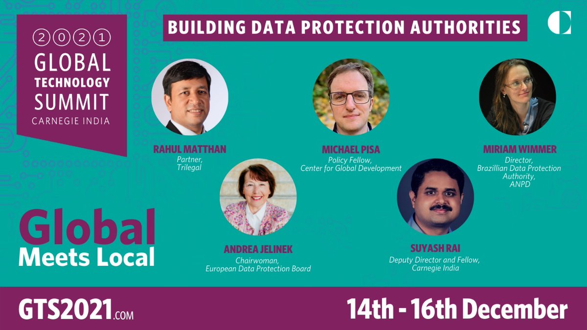 CarnegieIndia's tweet image. 📣Panel Highlight | Building Data Protection Authorities

@matthan, @MichaelPisa, Miriam Wimmer, &amp;amp; Andrea Jelinek will talk to @suyashrai on how countries should approach building a data regulator at #GlobalTechSummit: Global Meets Local

Register today! GTS2021.COM