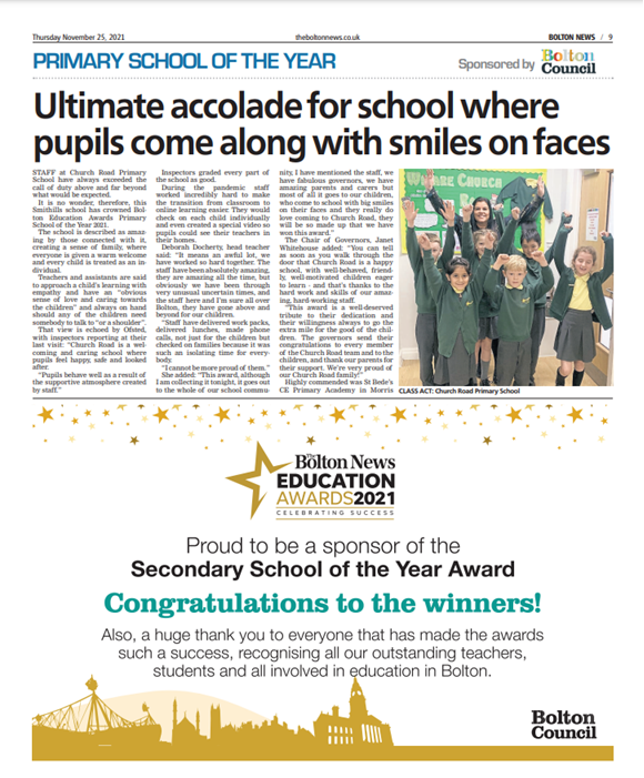 Did we mention we are Primary School of the Year? 🏆

We were featured in the Bolton News yesterday, here it is in case you missed it 📰

#primaryschooloftheyear #wearechurchroad #proud