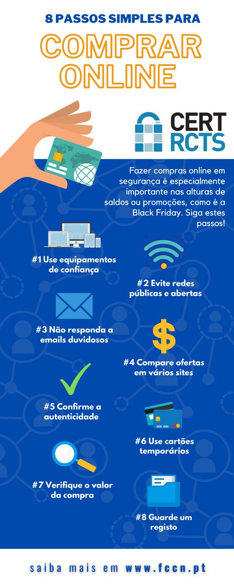 fccnpt's tweet photo. Fazer compras online de forma segura é especialmente importante nas alturas de saldos ou promoções, como é a #BlackFriday 🔒 Siga os conselhos do #RCTSCERT da @fccnpt para garantir que as suas transações são realizadas em segurança 👉 https://t.co/6D50eAQ4Zv https://t.co/jMFNSPOqqZ