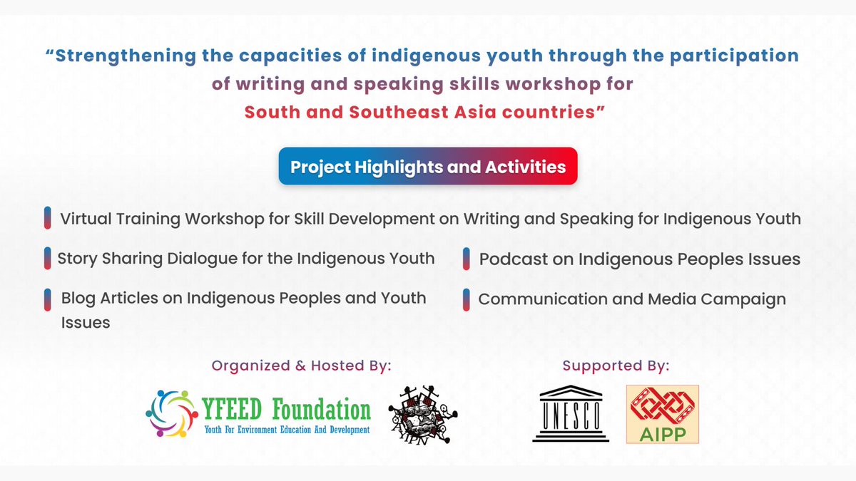 "Strengthening the capacities of indigenous youth through the participation of writing and speaking skills workshop for South/Southeast Asia countries." 

We will share more about the project ahead. Stay tuned!!