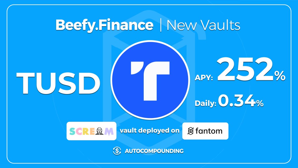 beefyfinance's tweet photo. Don’t let your investments turn into a horror movie. Beefy’s secure single-asset #TUSD @Screamdotsh vault protects you from the impermanent loss monster.

🔪 $TUSD: 252% APY
https://t.co/A7LTPjx5Ke

@tusd_official #Scream #Fantom https://t.co/hNiq5ESWq1