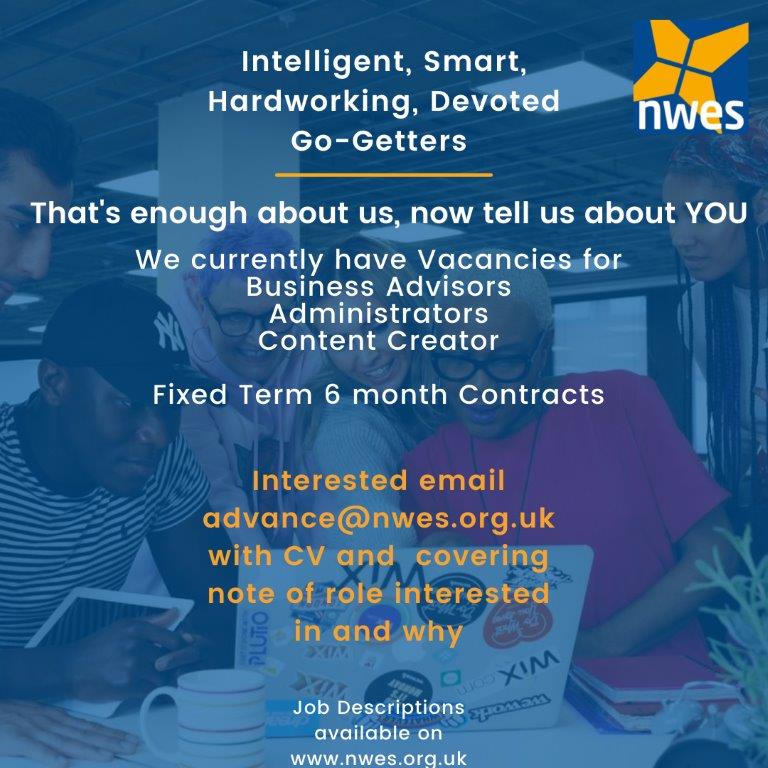 Have a passion for small business? We are looking for Business Advisors, Administrators and a Content Creator.  We are looking for people who love people, are excited to develop a business idea into a business, have can do attitudes.   Job Descriptions nwes.org.uk/about-us/caree…