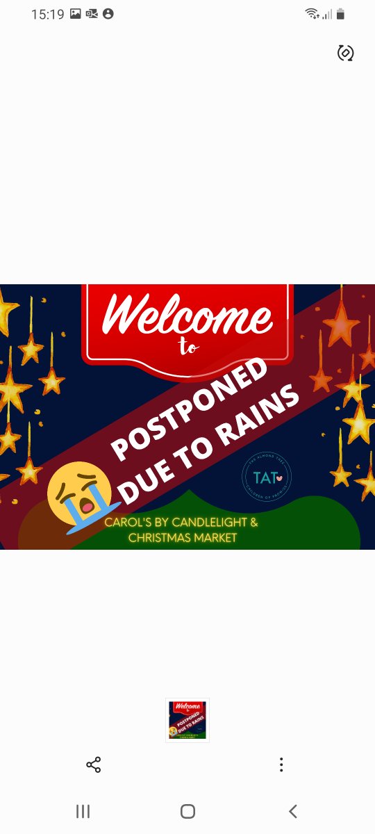 TheAlmondTreeSA's tweet photo. Hi Friends, 
We are very sad to announce the postponement of our Carols by Candlelight and Christmas Market event due to the rains. We will announce a new date soon.
Thank you for your support and understanding. 
TAT Team

#community #CarolsbyCandlelight "postponed #rain https://t.co/PstSHMzfnR