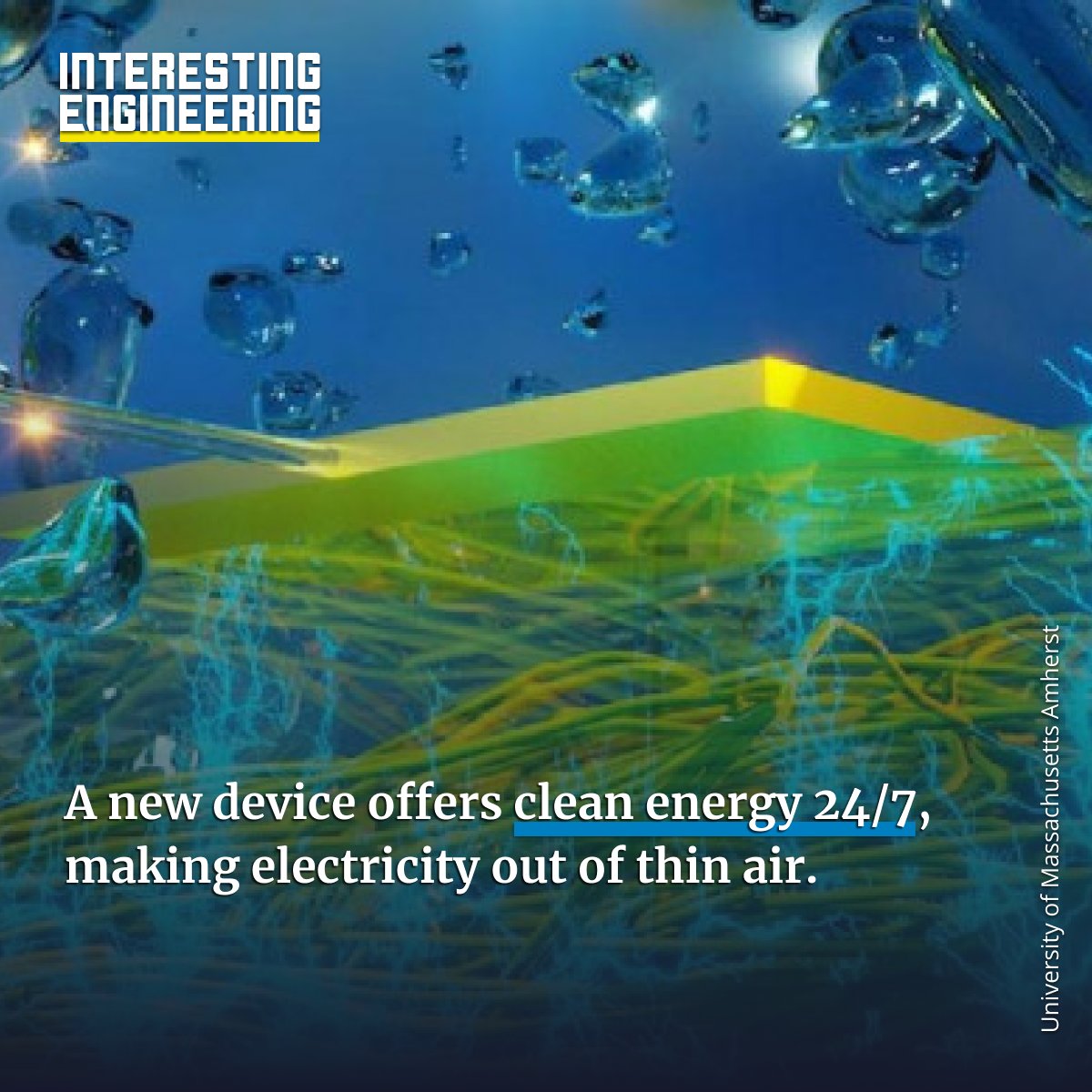IntEngineering's tweet photo. What if you could make electricity out of thin air? Does it sound too good to be true? Scientists at the University of Massachusetts Amherst have developed just such a device and they call it the “Air-gen.”

Find out more information at https://t.co/DVsfn82qYG 🚀

#Engineering https://t.co/apeE7wpdFG
