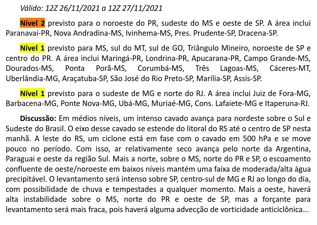 prevots_svr's tweet photo. Previsão convectiva de hoje (26/11/2021), válida até às 12Z de 27/11/2021. https://t.co/KBjNN1pMch