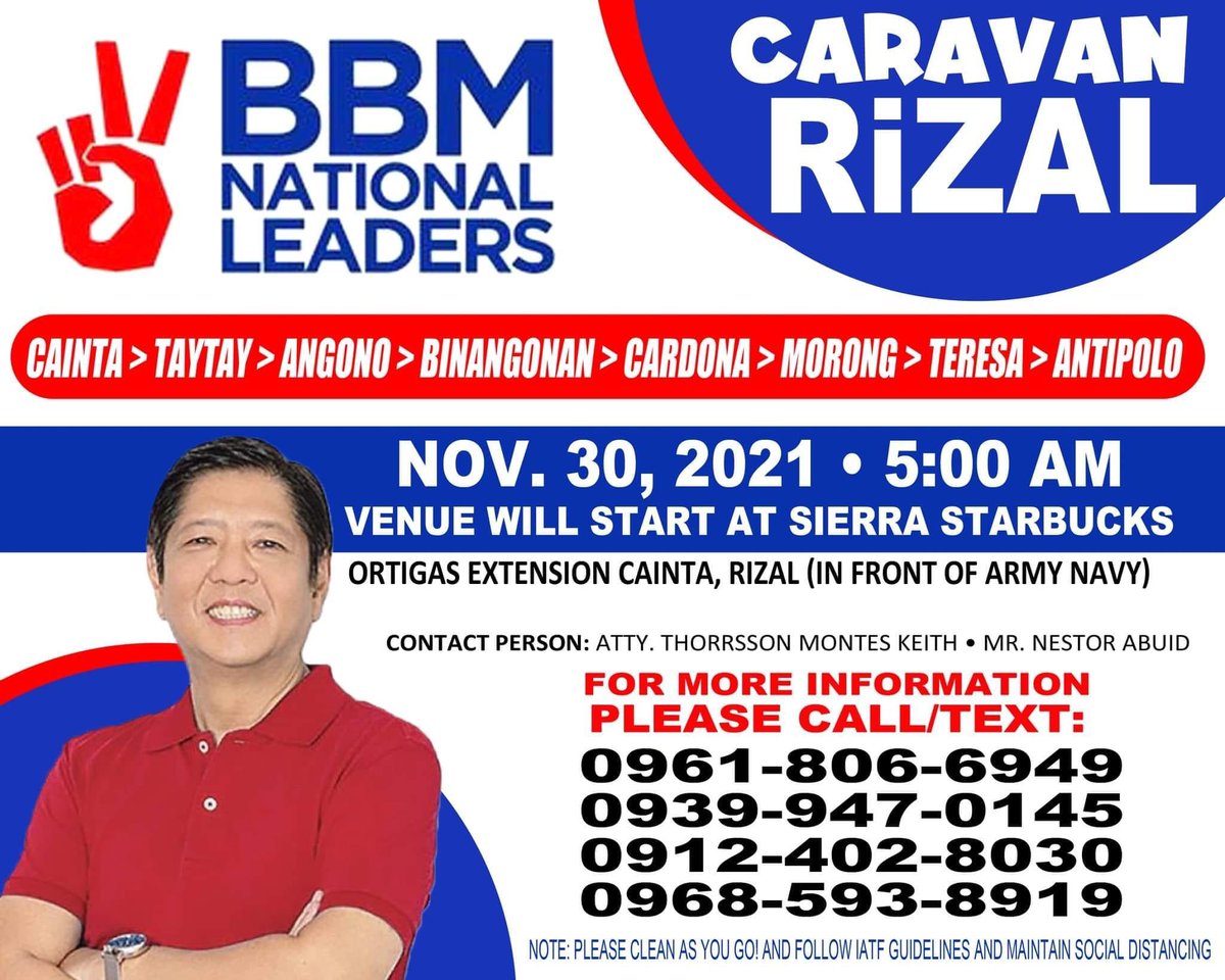 JustKhendz's tweet photo. UniTeam Caravan Rizal on November 30, please see details on the poster

@bongbongmarcos 
#BBMisMyPresident #BBMCaravanRiza #BBMMotorcadeRizal #BBMSaraCaravanRizal #BBMSara2022 https://t.co/2ZJXGIhwCt