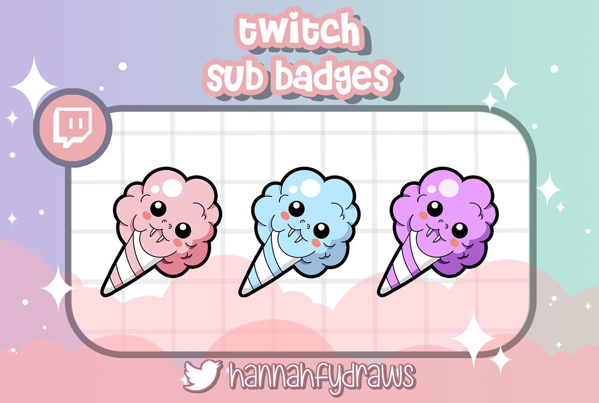 Got these incredibly cute sub badges made for me c:
I am so in love with them and now I wanna eat some cotton candy💜
Thanks <a href="/HannahfyDraws/">Hannah | Emote Artist 💫</a> for making them :D