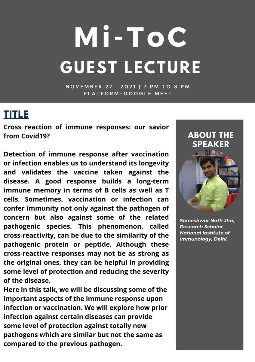 MiToC6's tweet photo. Cross reactivity of Immune response: a boon or a bane
How does it stand out in COVID-19 infection? 
This week we're going to hear Mr. Someshwar Nath Jha from NII, Delhi
He'll take us through various aspect of cross reactivity of immune response
Register at:https://t.co/rvDZ3LCVNC https://t.co/Z35dDIylnT