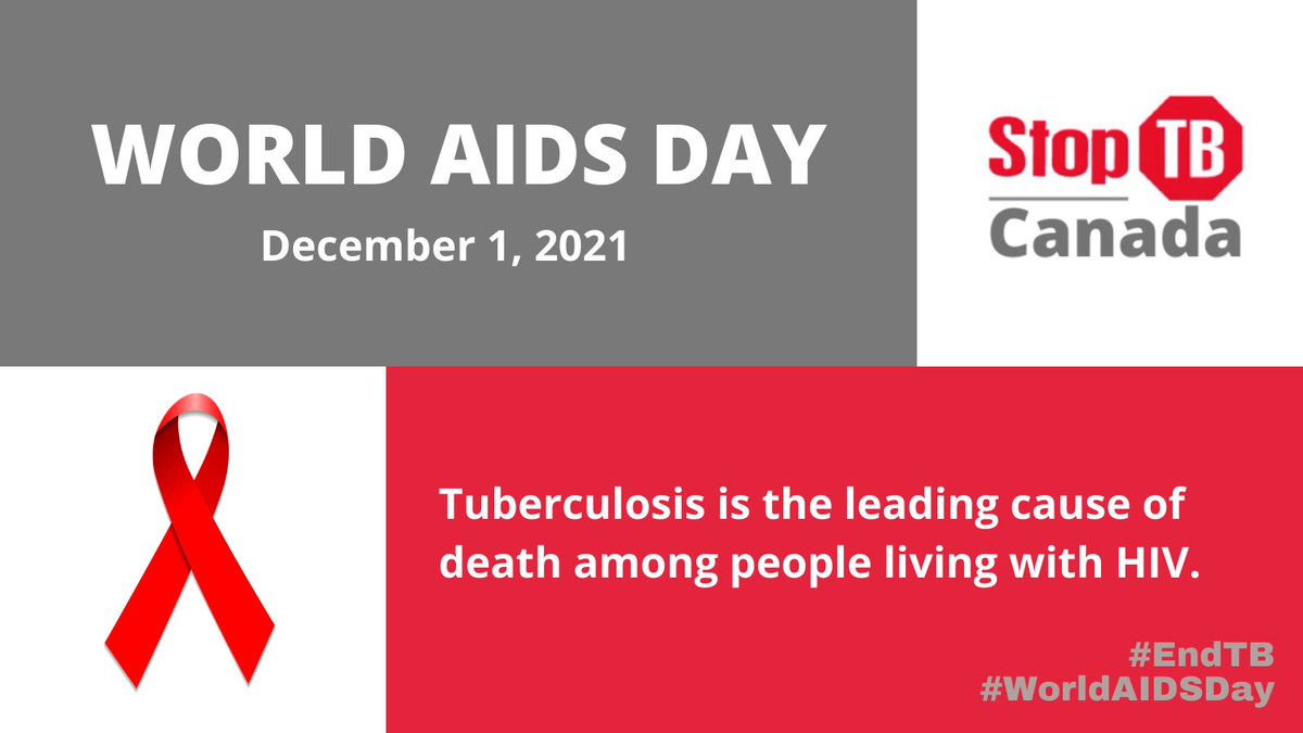 StopTBCanada's tweet photo. This #WorldAIDSDay we recognize the connection b/w #HIV &amp; #TB. People with weakened immune systems have a much greater risk of falling ill from TB. People living with HIV are 20 - 30 X more likely to get TB, and TB is the leading cause of death among people living with HIV. https://t.co/d2yk7S5Lx3