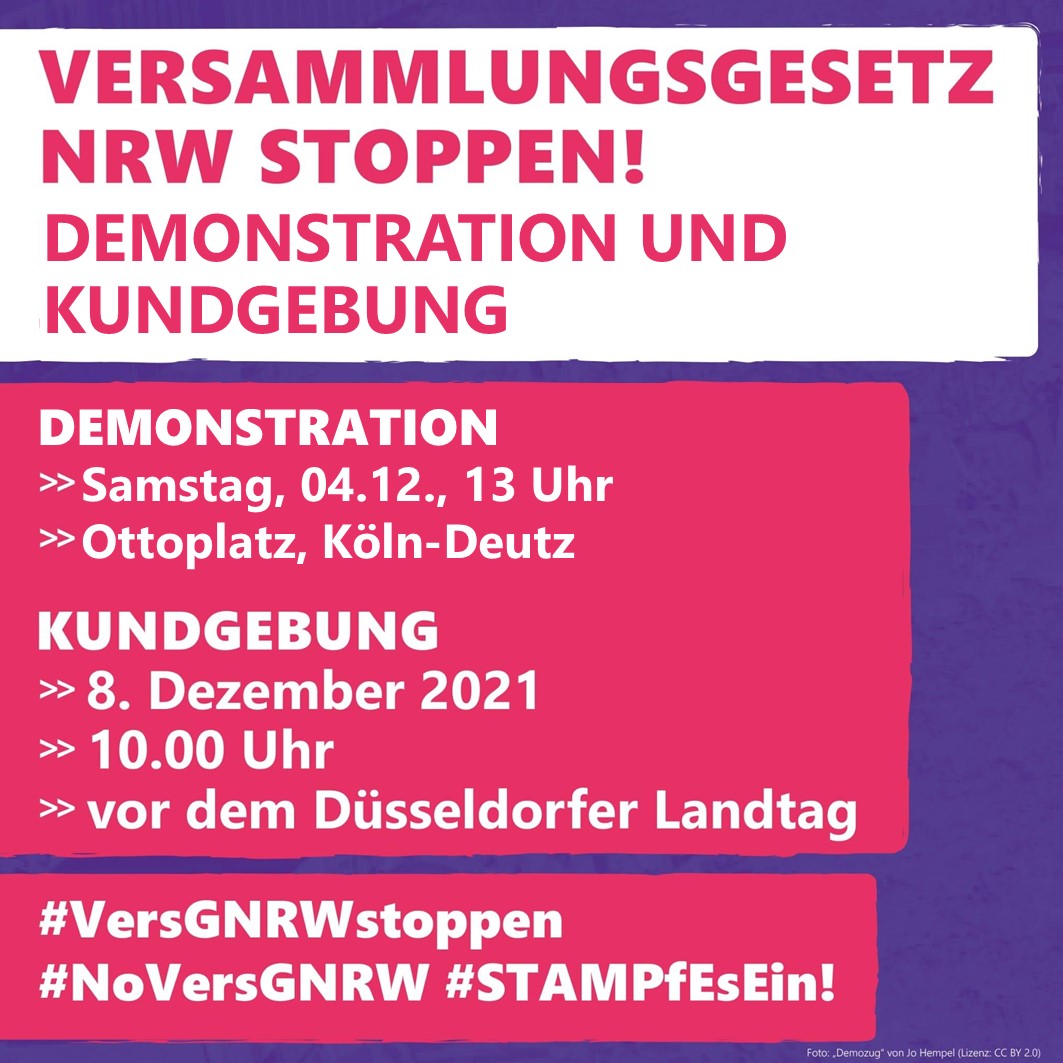 VersGStoppenK's tweet photo. Dezentraler Aktionstag und Kundgebung

Der Kampf gegen das geplante Versammlungsgesetz geht weiter. 

04.12., 13 Uhr, Ottoplatz Köln-Deutz
08.12., 10 Uhr, Landtag Düsseldorf
(Gemeinsame Anreise 8:35 Uhr, Bahnhofsvorplatz, Köln)

#noversgnrw #versgnrwstoppen #stampfeseinich https://t.co/88jLMrtNGF