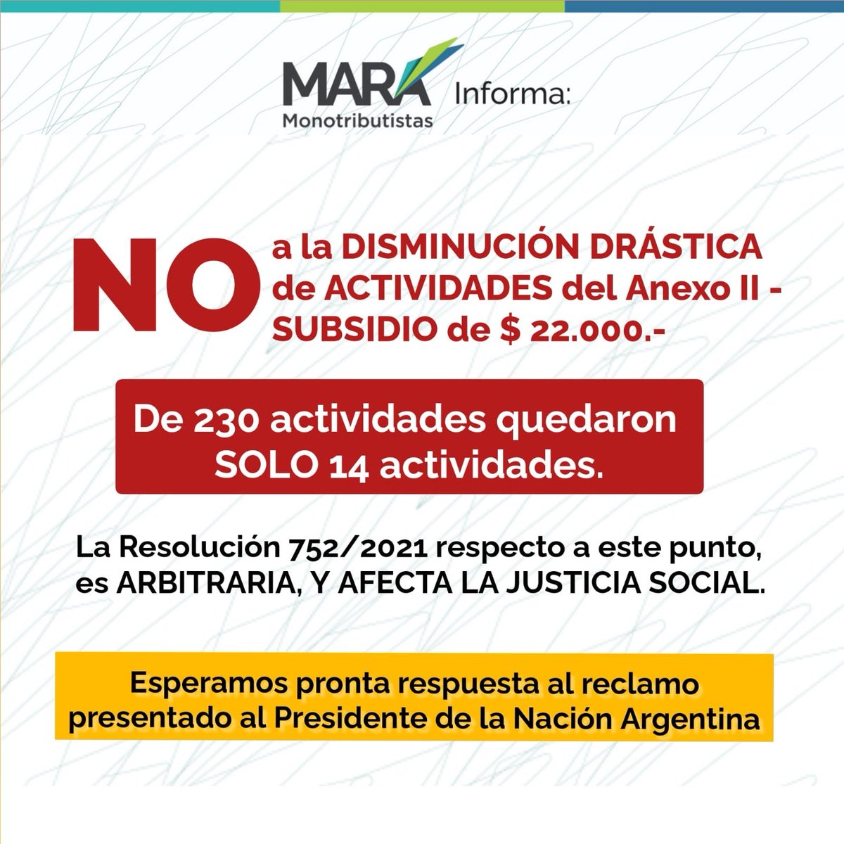 MARAMonotributo's tweet photo. @alferdez todo acto adm debe ser fundado p/ evitar la Arbitrariedad, y lograr transparencia y objetividad. La res. 752/2021 del @MinTrabajoAR es ARBITRARIA. Necesitamos q nos responda! Las NOTAS DE RECLAMO que le enviamos a UD., a @JuanManzurOK y a @Leantrica están SIN RESPUESTA. https://t.co/5oEnPaEAew