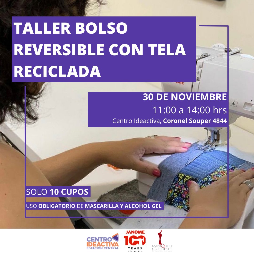 👏 Junto a <a href="/JanomeChile/">Janome Chile</a> y <a href="/MANIQUIESCHILE/">MANIQUIES CHILE</a> realizaremos este nuevo taller en donde reutilizaremos telas para crear un bolso que tenga todo tu estilo.
 
📍Inscripción en link de bio.

ES REQUISITO SABER USAR LA MÁQUINA DE COSER.

Nos vemos el próximo martes🌱 #EstaciónCentral