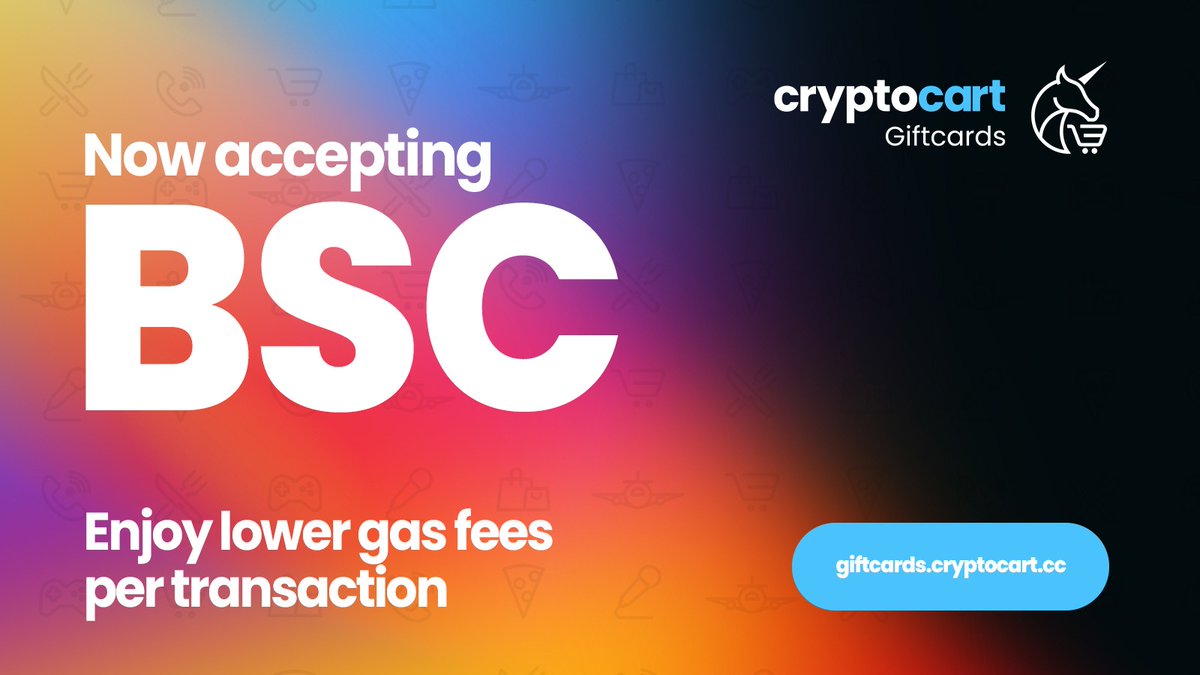 CryptoCartCC's tweet photo. We are excited to announce our gift card store is now multi-chain.

https://t.co/3OQK7PL1O6

Users can now checkout using accepted payment methods on the Binance Smart Chain with minimal fees. https://t.co/8W9ujJ0ifZ