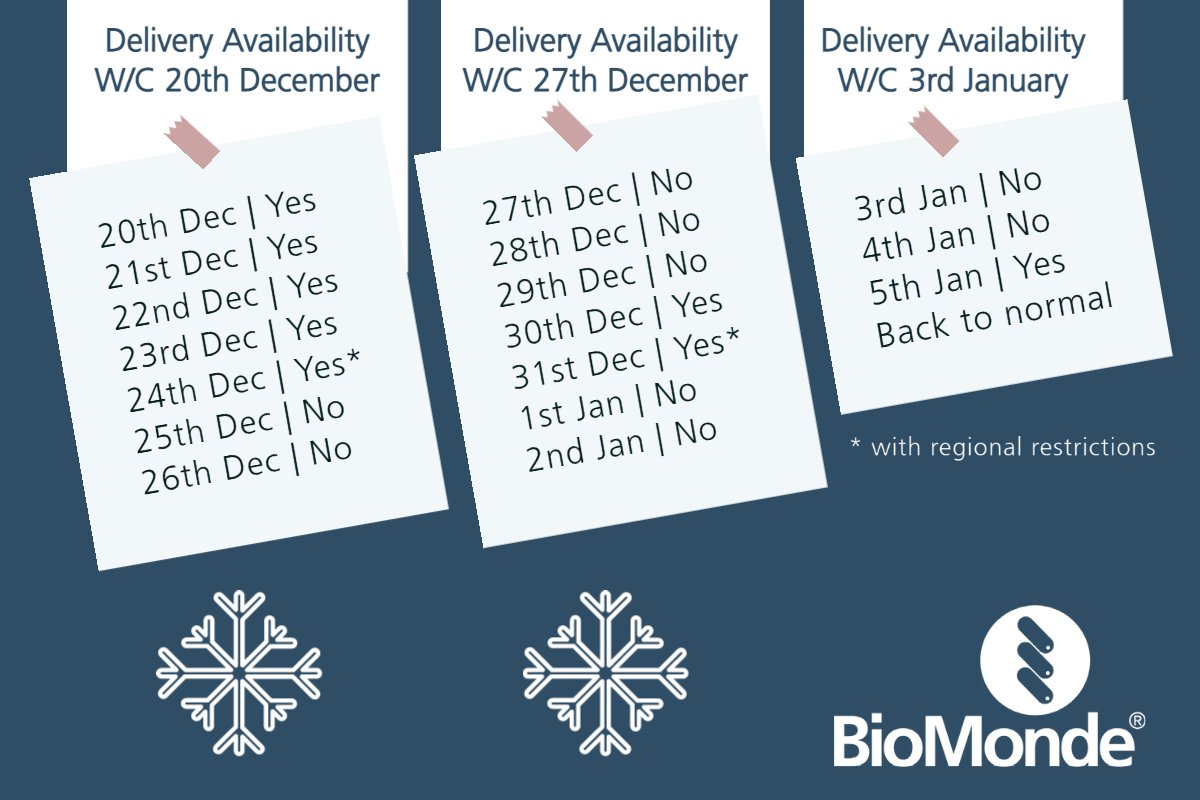 biomondeuk's tweet photo. December is just around the corner, so we wanted to share our upcoming delivery schedule with you.
Product will be available as per the dates listed, so we would advise to plan your treatments accordingly.
Please contact us if you have any queries.
#BioMonde #LarvalTherapy https://t.co/2ev2bD0yW3