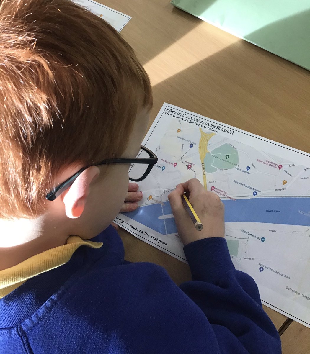 RuncieOf's tweet photo. Year 2 are working hard to produce some Geographical fieldwork about where a tourist could go on the Newcastle Quayside. We have planned our own routes that include the @Sage_Gateshead, @MalmaisonHotels and @Catpawcino. 😻 I think they’re in for a busy day! #ARFSGeography https://t.co/MpEiQH5bPo