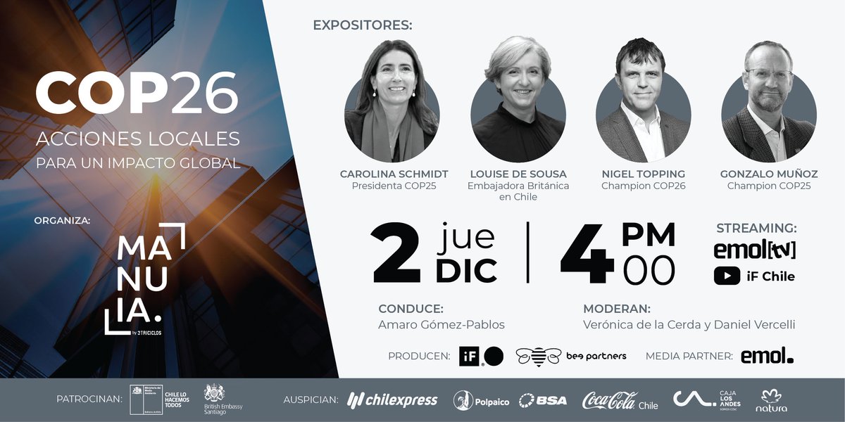 TriCiclos (@triciclosb) on Twitter photo Volvemos de nuestro paso por la #COP26 con
<a href="/CarolaSchmidtZ/">Carolina Schmidt</a>, la Embajadora de #UK
<a href="/LouiseADeSousa/">Louise de Sousa 🇬🇧</a> y los Champions <a href="/gmunozabogabir/">GonzaloMunozAbogabir</a> y <a href="/topnigel/">Nigel Topping</a>, analizando los acuerdos, avances y proyecciones de la agenda de #accionclimática global.
2/Dic, 16hrs x <a href="/EmolTV/">EMOL TV</a> <a href="/ManuiaLatam/">Manuia Consultora</a> Volvemos de nuestro paso por la #COP26 con
<a href="/CarolaSchmidtZ/">Carolina Schmidt</a>, la Embajadora de #UK
<a href="/LouiseADeSousa/">Louise de Sousa 🇬🇧</a> y los Champions <a href="/gmunozabogabir/">GonzaloMunozAbogabir</a> y <a href="/topnigel/">Nigel Topping</a>, analizando los acuerdos, avances y proyecciones de la agenda de #accionclimática global.
2/Dic, 16hrs x <a href="/EmolTV/">EMOL TV</a> <a href="/ManuiaLatam/">Manuia Consultora</a>