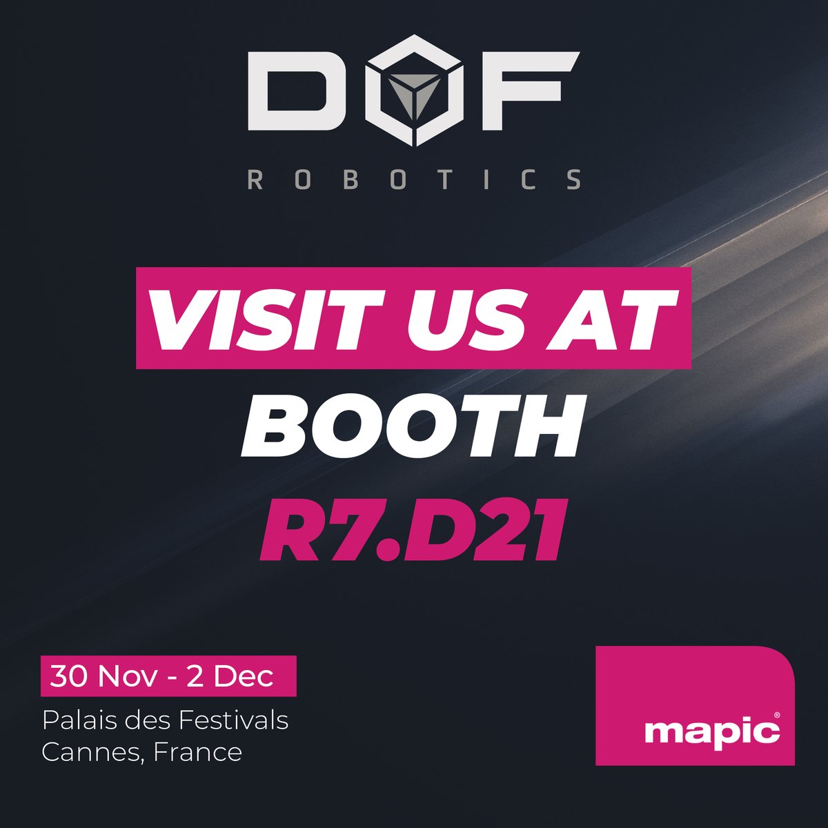 dofrobotics's tweet image. DOF Robotics invites you to MAPIC 2021!

Visit us at booth Riviera 7 D21.

#dofrobotics #dof #amusement #entertainment #themeparks #attractions #games #simulator #virtualreality #vr #expo #amusementrides #tech #technology #innovation #mapic #mapicexpo