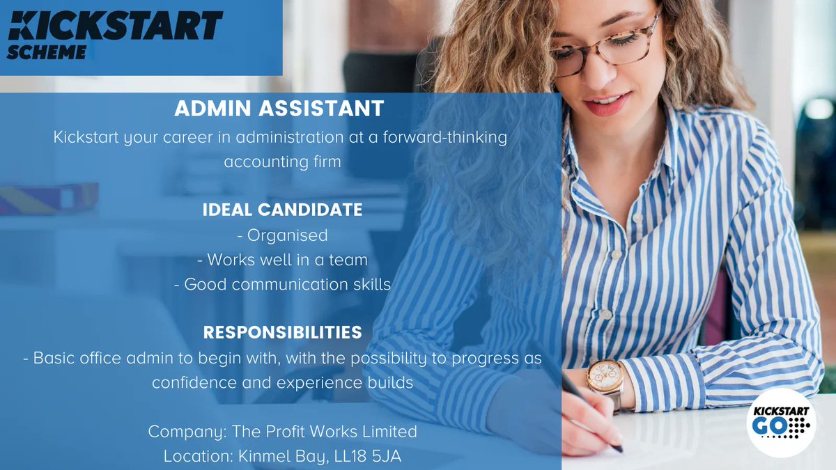 #Kickstart your career <a href="/TheProfitWorks/">The Profit Works</a> as an Office Admin.

JOB DESCRIPTION: buff.ly/3mf4cMy

This role is part of the #kickstartscheme which means that only 16 - 24 year olds on #UniversalCredit can apply 👍

Talk to your Work Coach to apply.

<a href="/JCPinNEMidWales/">JCP In NE & Mid Wales</a> #KinmelBay