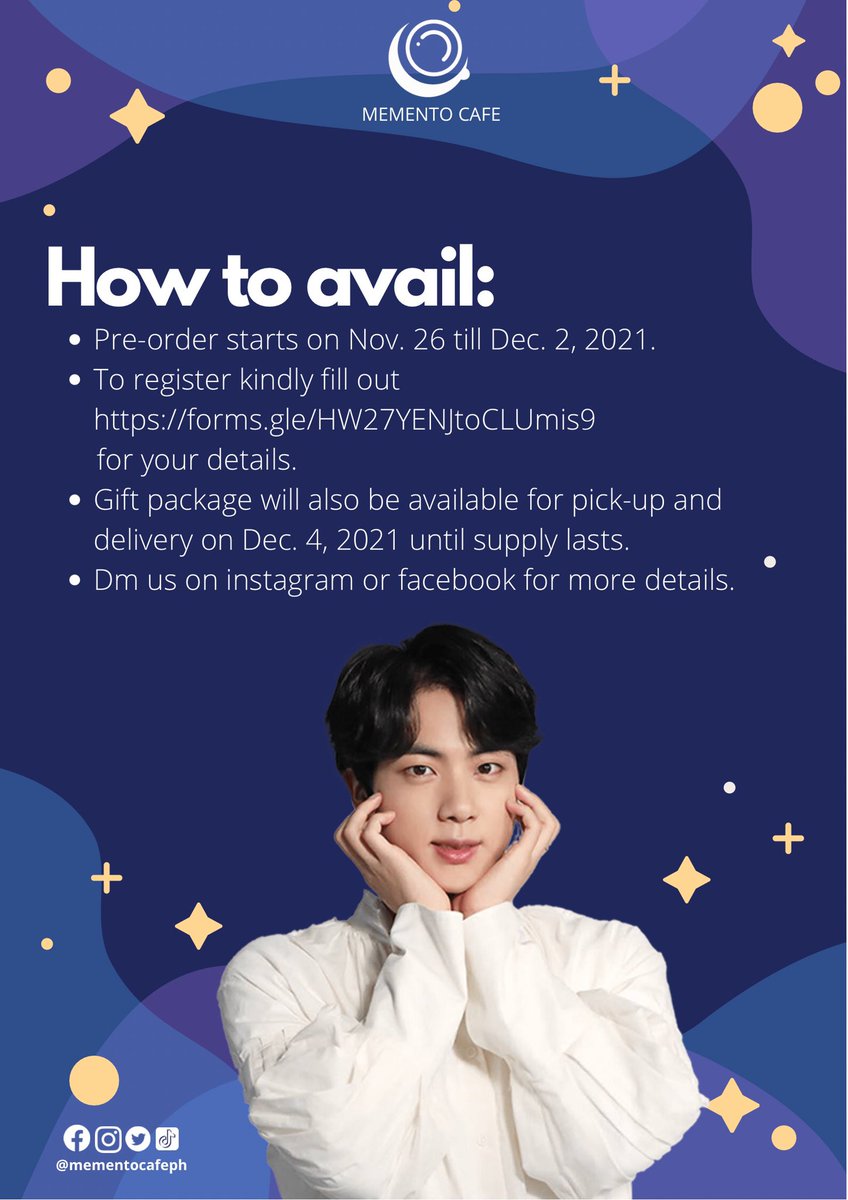 MementoCafePH's tweet photo. Your presence can give happiness. I hope you remember that.” -Kim Seokjin

Calling all ARMYs out there! 
It’s almost December, and you know what that means! It’s TaeJin month!! 

To celebrate our World Wide Handsome’s day, we have prepared a JIN SPECIAL GIFT PACKAGE for you guys! https://t.co/44JkZ9zocJ