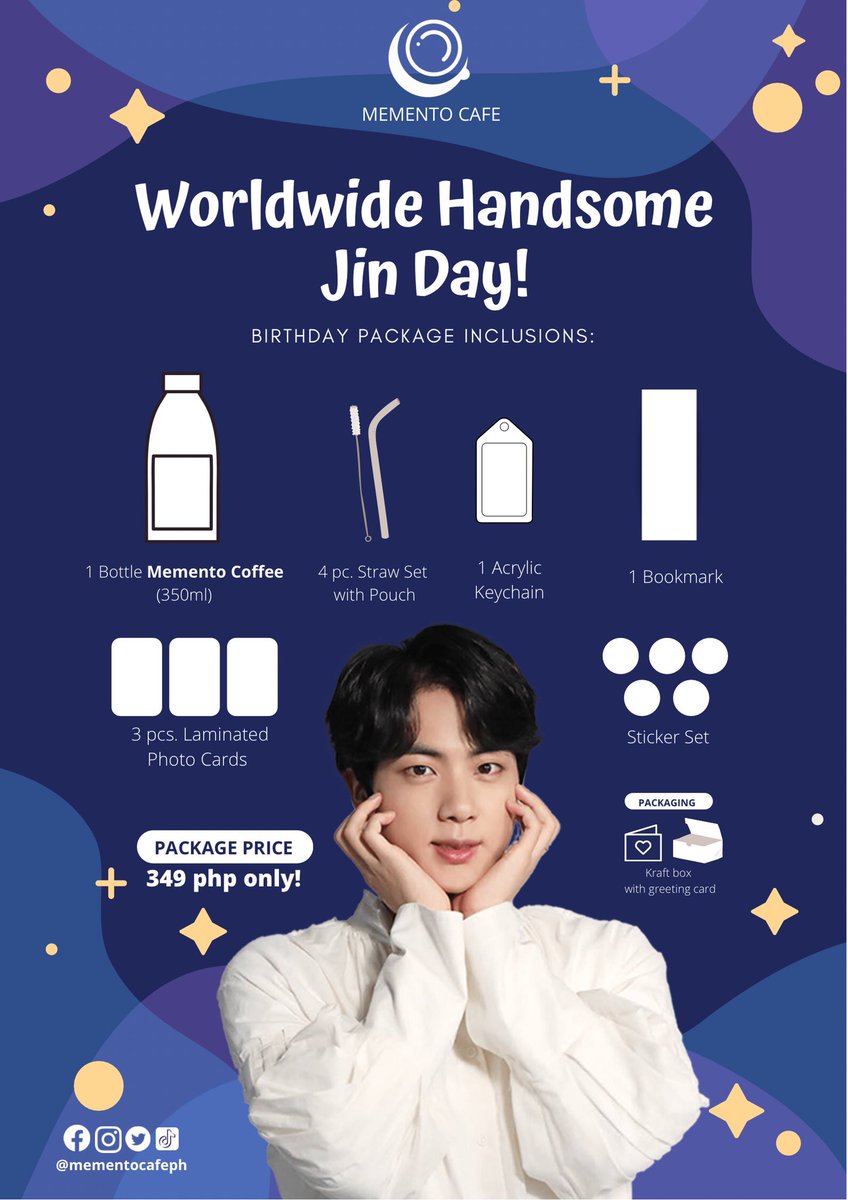 MementoCafePH's tweet photo. Your presence can give happiness. I hope you remember that.” -Kim Seokjin

Calling all ARMYs out there! 
It’s almost December, and you know what that means! It’s TaeJin month!! 

To celebrate our World Wide Handsome’s day, we have prepared a JIN SPECIAL GIFT PACKAGE for you guys! https://t.co/44JkZ9zocJ