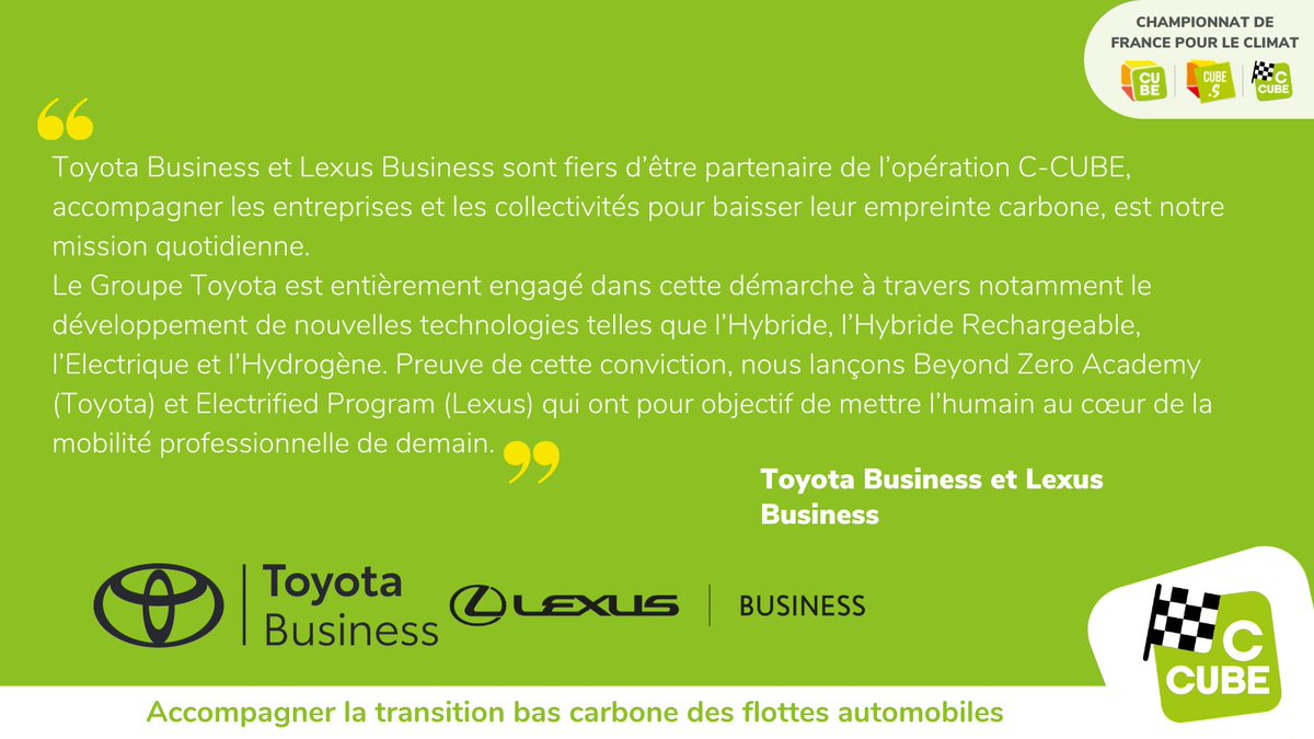 ChallengeCCUBE's tweet photo. @Toyotabusiness et @Lexusbusiness, pionniers de la mobilité de demain et de la transformation bas carbone🌱des flottes automobiles professionnelles devient sponsor du challenge des conducteurs pour le climat ! Ils nous partagent leur vision du Challenge C-CUBE  👇 https://t.co/c8d3Kjo6s7