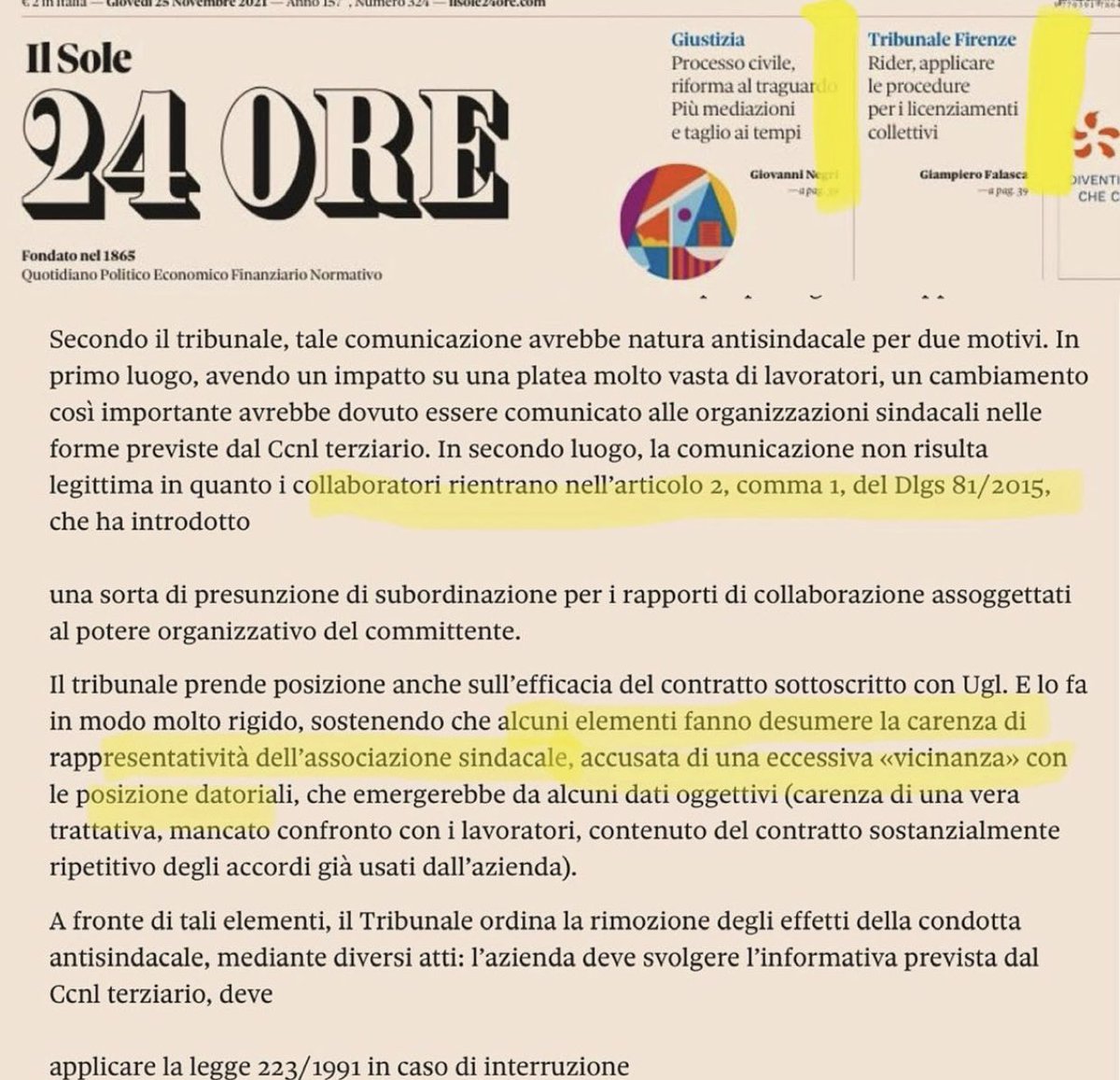 eya_bouzaiene's tweet photo. Il tribunale di Firenze stabilisce che il CCNL Assodelivery-ugl è inefficace in quanto privo di effettiva rappresentatività e accoglie il ricorso per condotta antisindacale promosso da Nidil-Filcams-Filt Cgil:Il licenziamento dei rider è sottoposto alla legge n. 223/1991 #IRL2021 https://t.co/jnaRe3Zts4
