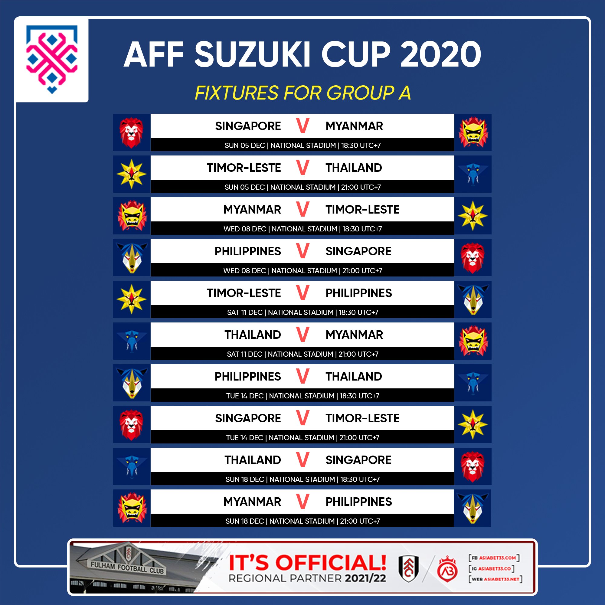 Aff Suzuki Cup 2022 Schedule Asean Football News Ar Twitter: "Aff Suzuki Cup 2020 05 Dec 2021- 01 Jan  2022 Fixtures For Group A -------------------- #Asiabet33 #Afn  #Affsuzukicup #Affsuzukicup2020 Https://T.co/Gjhqgn98Da" / Twitter