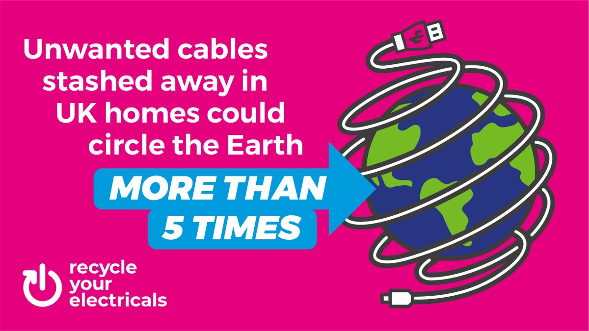 ConwyCBC's tweet photo. There are enough unwanted cables in UK homes to circle the earth more than 5 times!😲

Let’s all do #onesimplething today and bag up our old cables ready for recycling!
👍Your pink electricals bag is collected fortnightly with your recycling.

#RecycleYourElectricals https://t.co/09fLSJPTcm