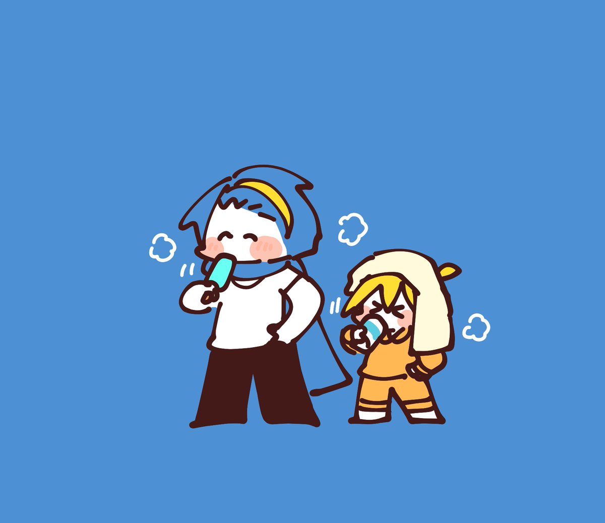 kagamine len ,kaito (vocaloid) 2boys multiple boys blue scarf blonde hair blue hair popsicle closed eyes  illustration images